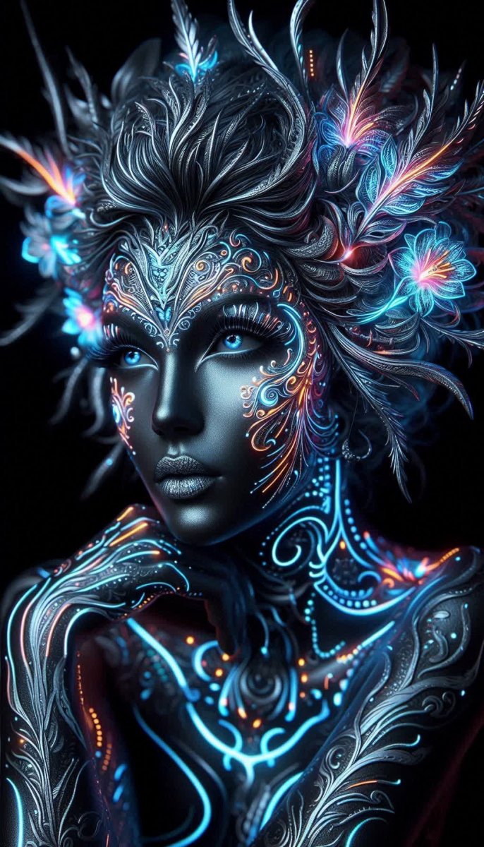 Сияющая девушка в серебряных татуировках: неоновый шедевр с глубокими эмоциями и контрастами. Картинка из нейросети Dalle-3 Сияющая девушка в серебряных татуировках: неоновый шедевр с глубокими эмоциями и контрастами. Картинка из нейросети Dalle-3