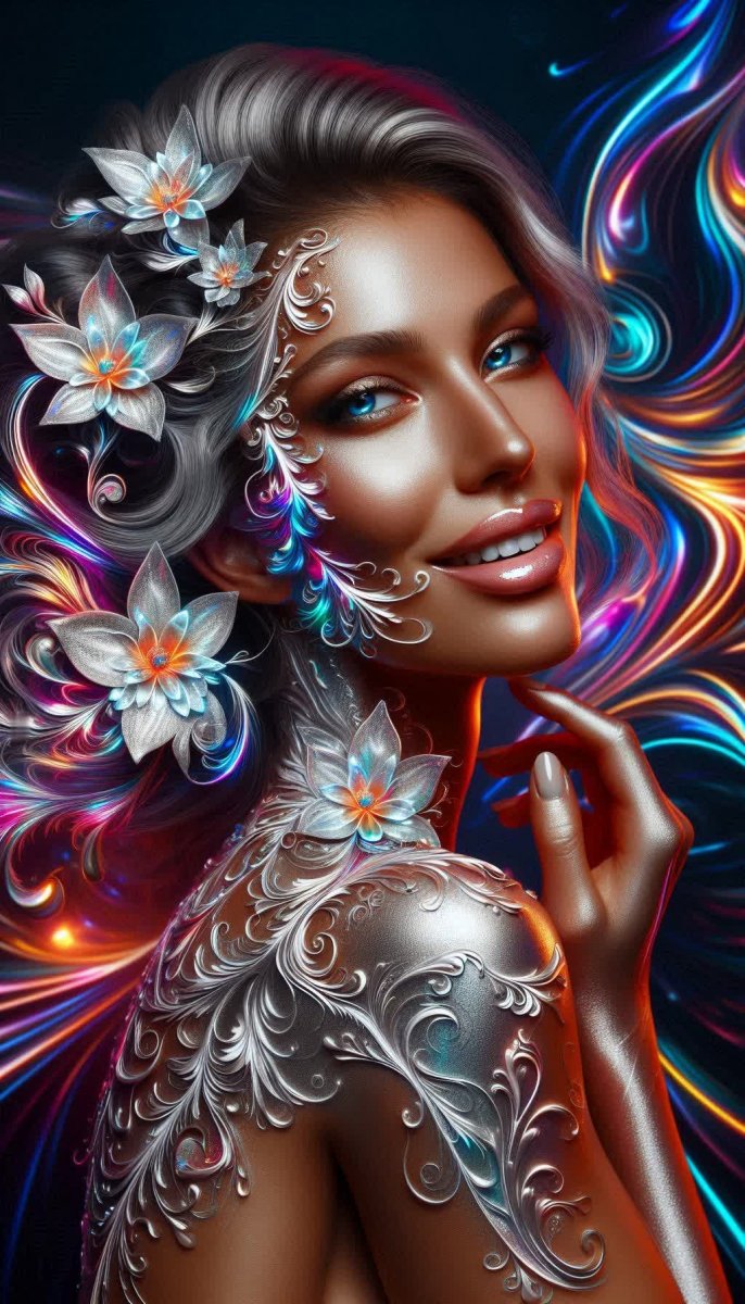 Серебряное сияние и нежные цветы на фоне яркого абстрактного мира. Нейронная сеть Dalle Серебряное сияние и нежные цветы на фоне яркого абстрактного мира. Нейронная сеть Dalle