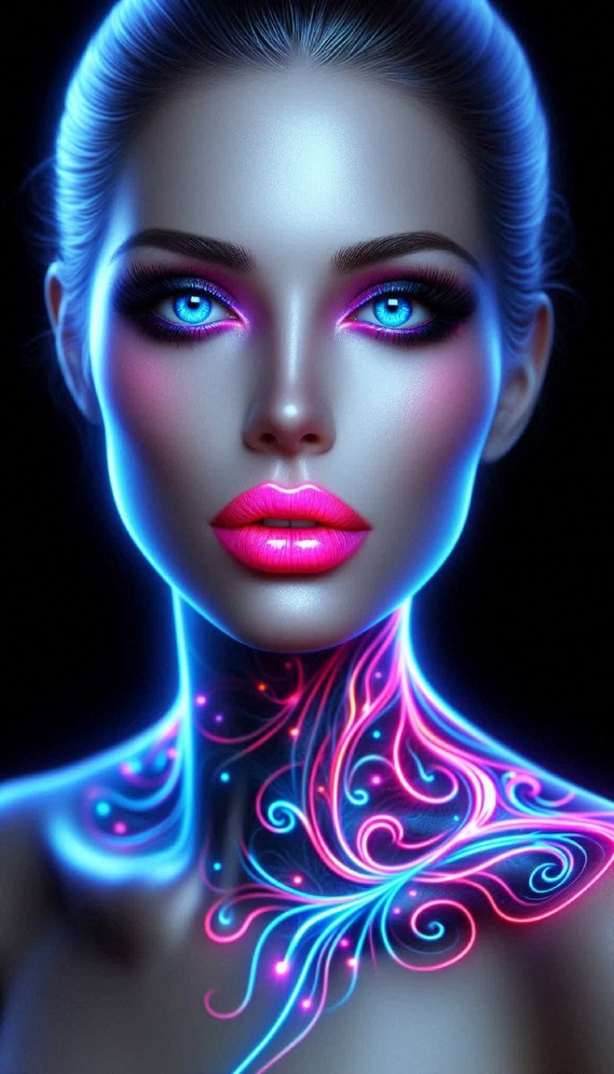 Сияющая красота с неоновыми татуировками и завораживающим взглядом. Нейросеть Далли 3 Сияющая красота с неоновыми татуировками и завораживающим взглядом. Нейросеть Далли 3