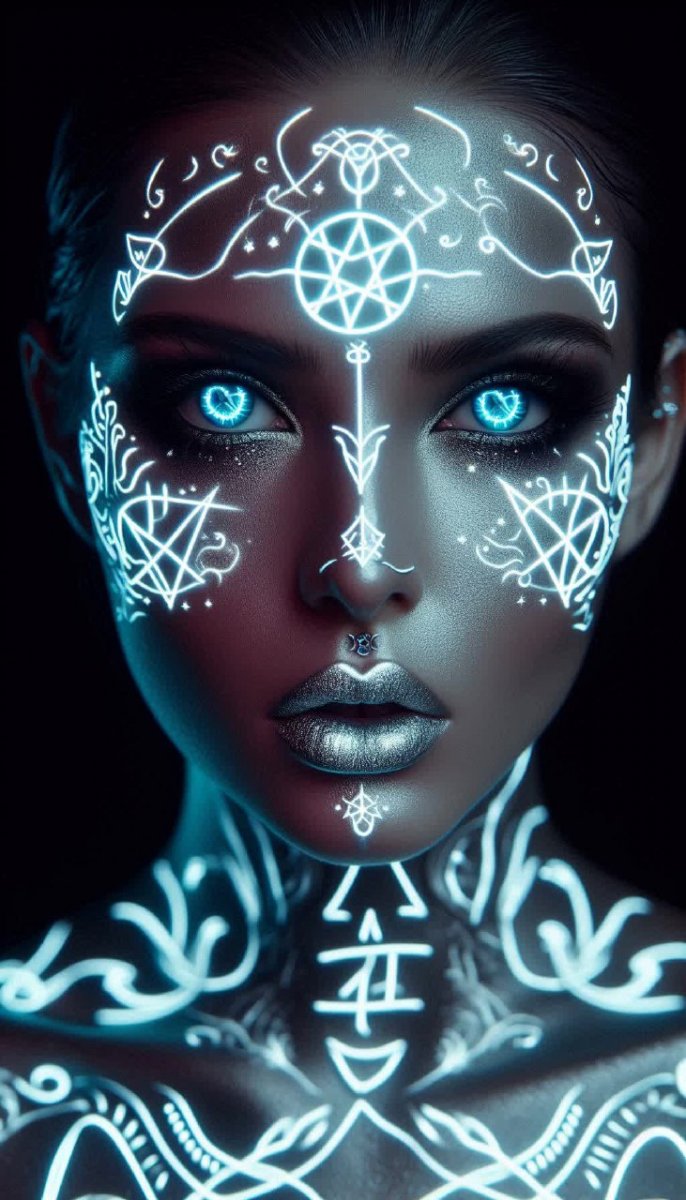 Женщина в серебряных тату с неоновым светом и пентаграммами. Картинка из нейросети Dalle Женщина в серебряных тату с неоновым светом и пентаграммами. Картинка из нейросети Dalle