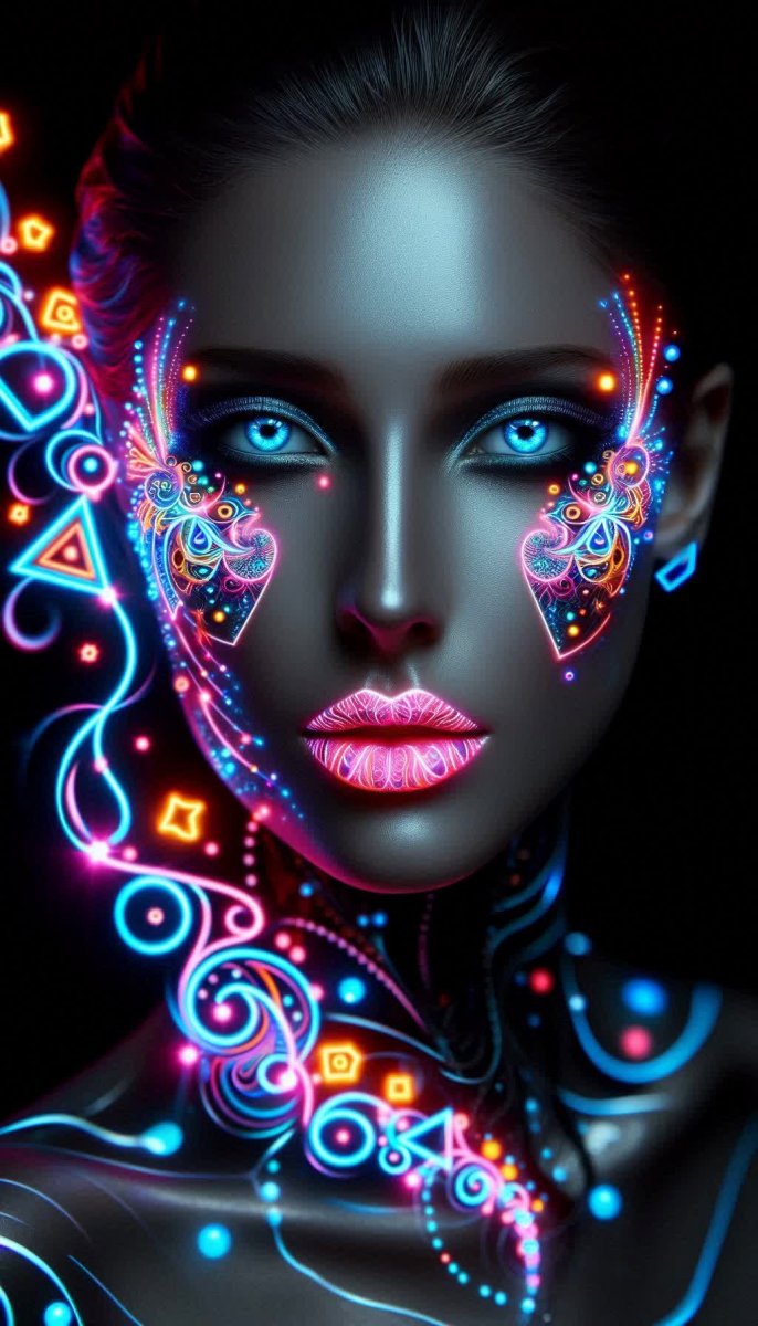 Неоновые узоры: таинственный портрет современной красавицы. Генерация из нейросети Dalle 3 Неоновые узоры: таинственный портрет современной красавицы. Генерация из нейросети Dalle 3