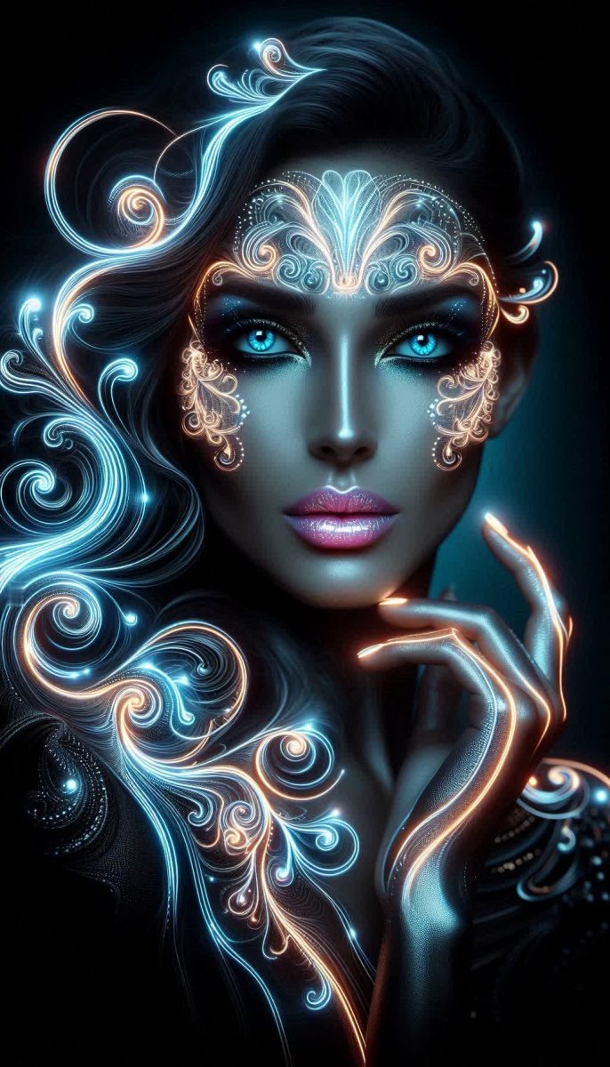 Неоновое сияние: портрет женщины в цифровом свете и тени. Генерация из нейросети Dalle 3 Неоновое сияние: портрет женщины в цифровом свете и тени. Генерация из нейросети Dalle 3