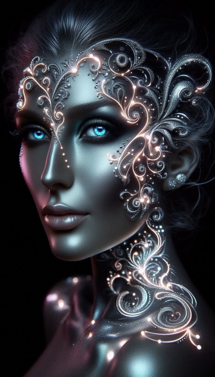 Женщина в неоновом свете: Фрактальные узоры и арабские цифры на коже. Картинка из нейронной сети Dalle 3 Женщина в неоновом свете: Фрактальные узоры и арабские цифры на коже. Картинка из нейронной сети Dalle 3