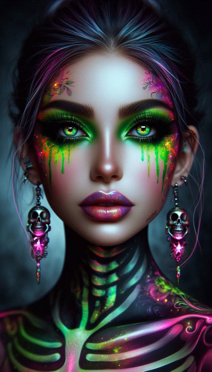 Яркий образ с зеленым макияжем и татуировками. Генерация из нейронной сети Dalle 3 Яркий образ с зеленым макияжем и татуировками. Генерация из нейронной сети Dalle 3