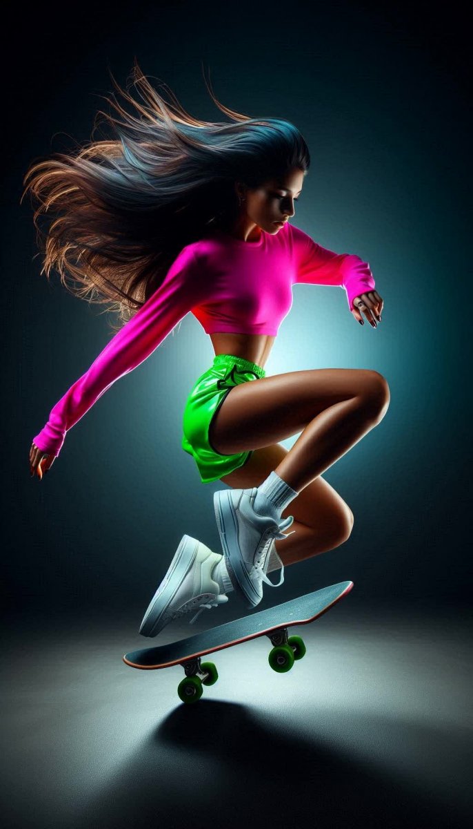 Девушка на скейтборде в полете: яркий образ и динамика. Генерация из нейросети Dalle-3 Девушка на скейтборде в полете: яркий образ и динамика. Генерация из нейросети Dalle-3