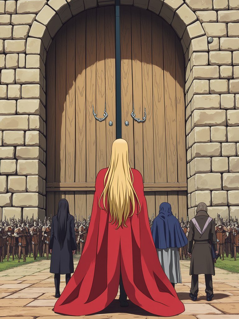 Трое сыновей у ворот замка: предчувствие судьбы и ожидание битвы. Нейросеть Flux Трое сыновей у ворот замка: предчувствие судьбы и ожидание битвы. Нейросеть Flux