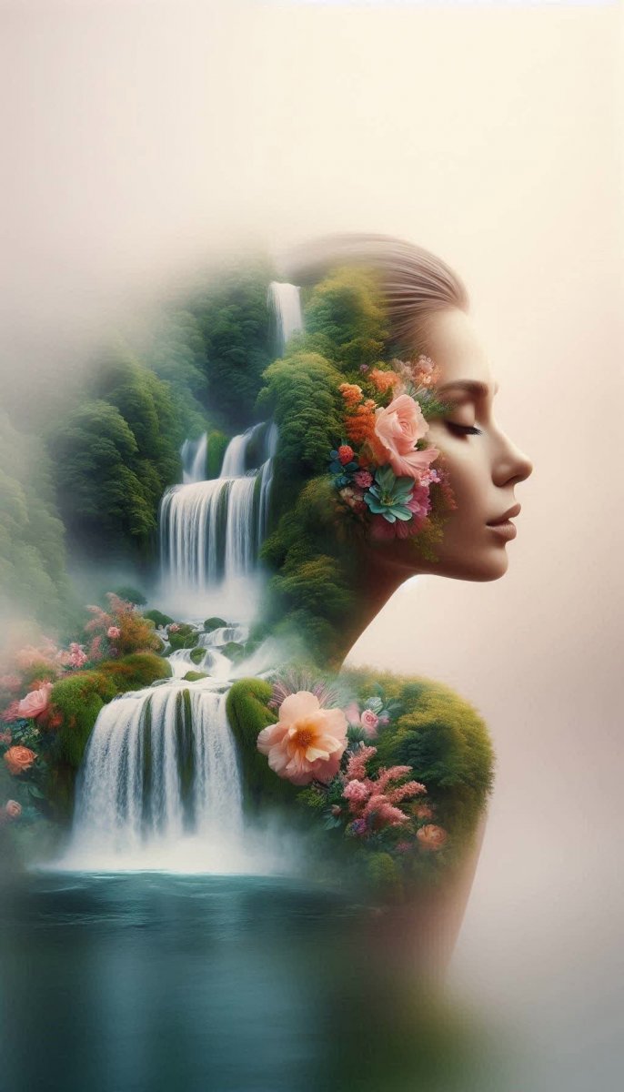 Женский силуэт и водопад: мечта в пастельных тонах. Нейросеть Dalle Женский силуэт и водопад: мечта в пастельных тонах. Нейросеть Dalle