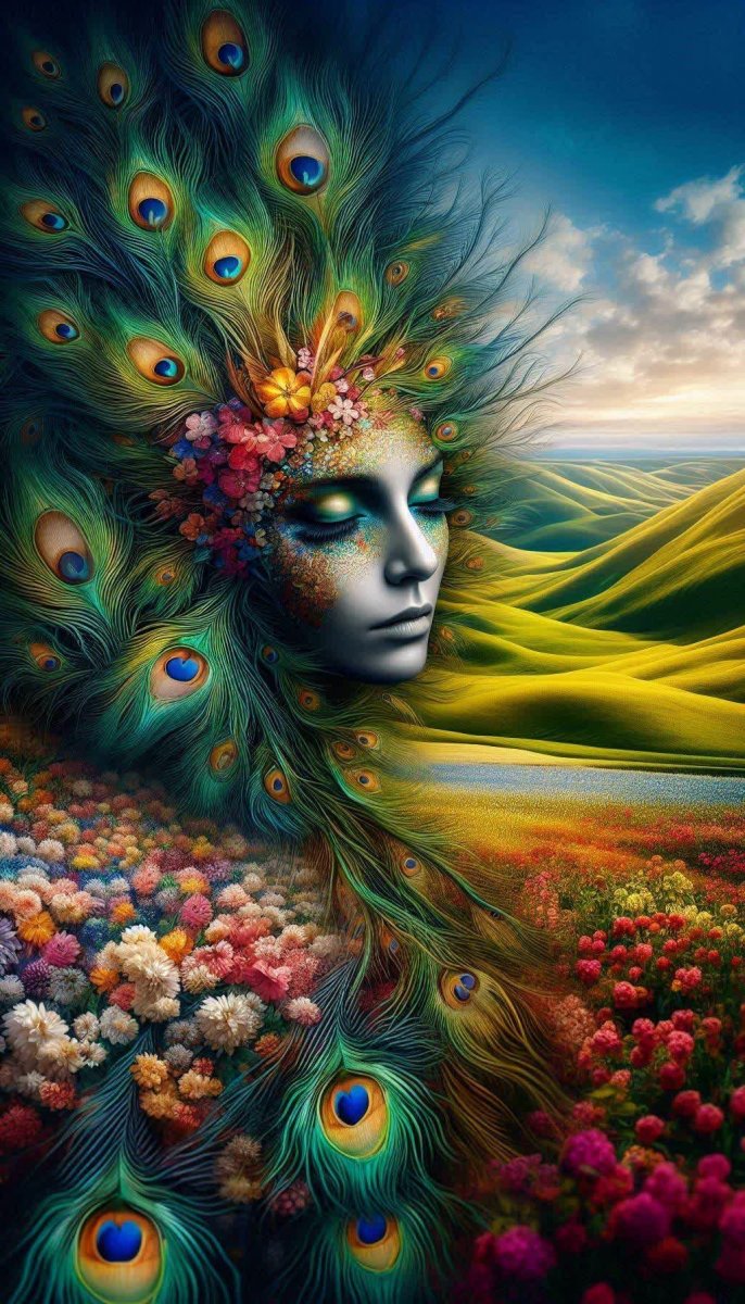 Нежная красота: женщина в объятиях природы и перьев павлина. Изображение из нейронной сети Dalle 3 Нежная красота: женщина в объятиях природы и перьев павлина. Изображение из нейронной сети Dalle 3