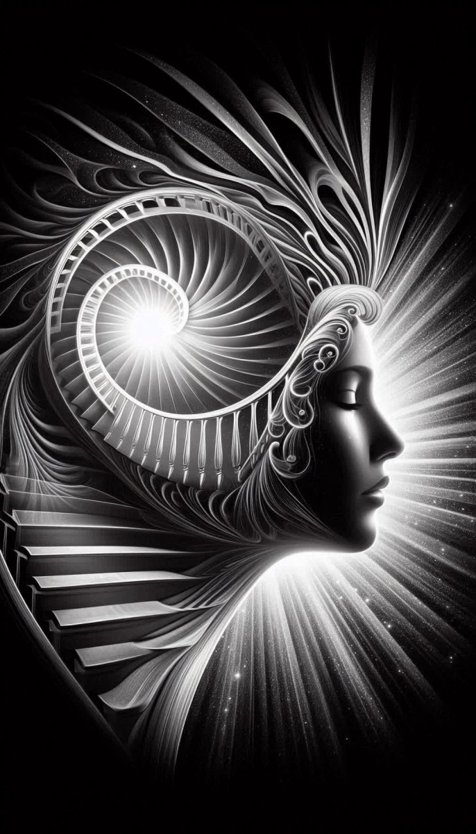 Женский силуэт и винтовая лестница в свете. Изображение из нейронной сети Dalle-3 Женский силуэт и винтовая лестница в свете. Изображение из нейронной сети Dalle-3