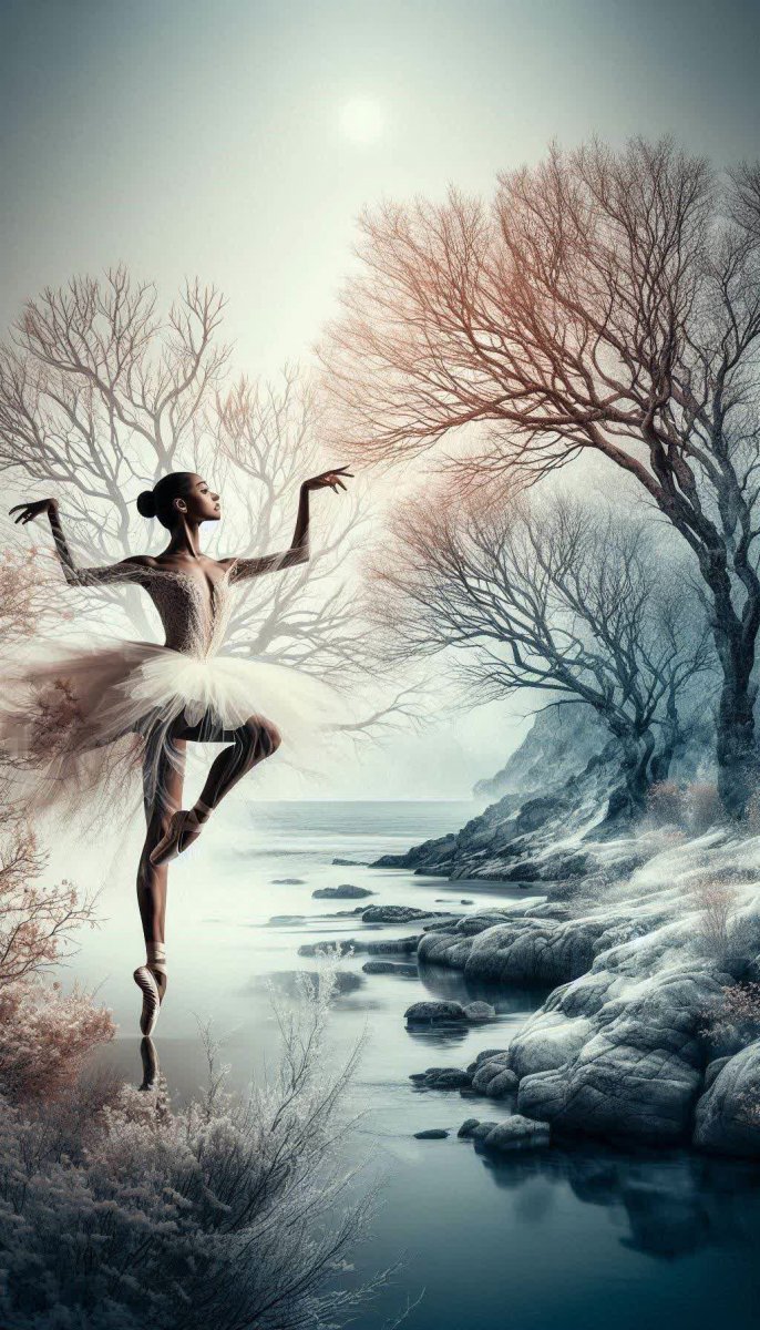 Балерина и зимний пейзаж в двойной экспозиции. Картинка из нейросети Dalle Балерина и зимний пейзаж в двойной экспозиции. Картинка из нейросети Dalle