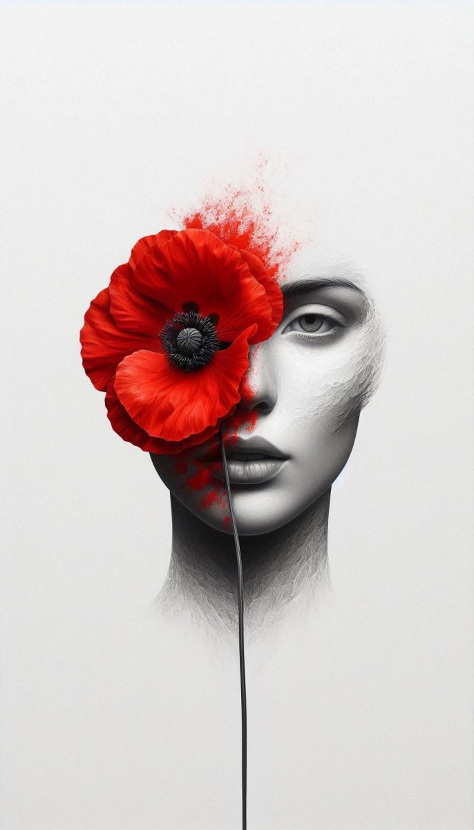 Лицо в маке и алый цветок. Изображение из нейронной сети Dalle Лицо в маке и алый цветок. Изображение из нейронной сети Dalle