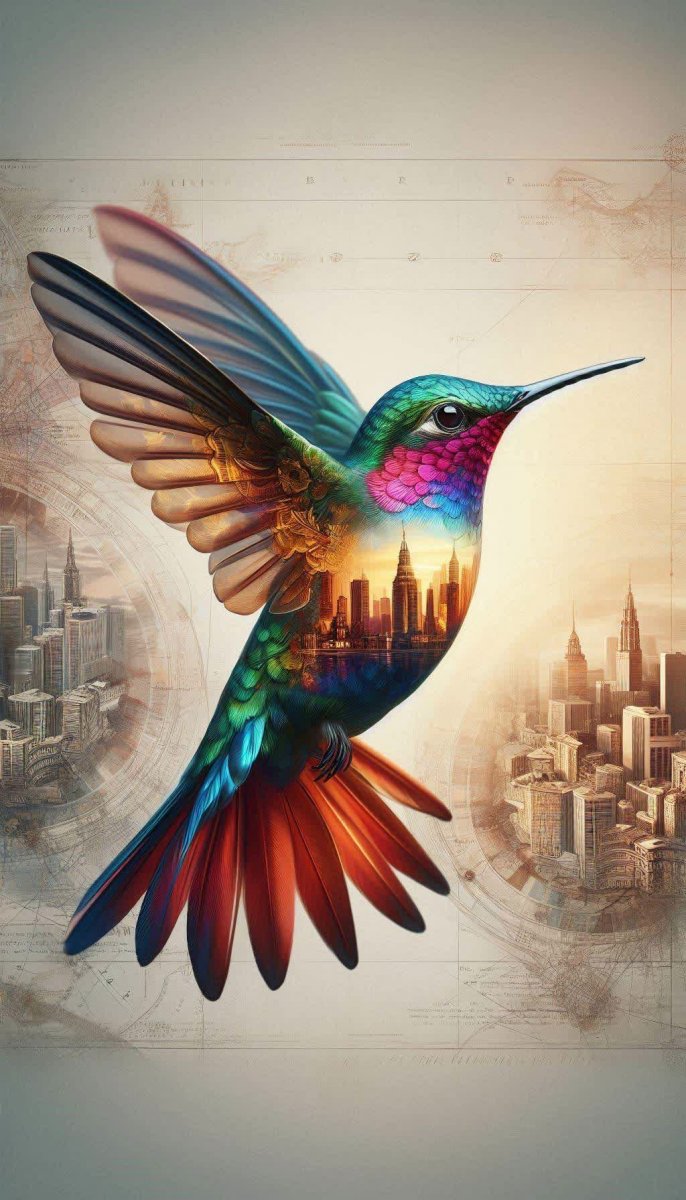Колибри в полете: отражение города и старинной карты. Картинка из нейросети Dalle 3 Колибри в полете: отражение города и старинной карты. Картинка из нейросети Dalle 3