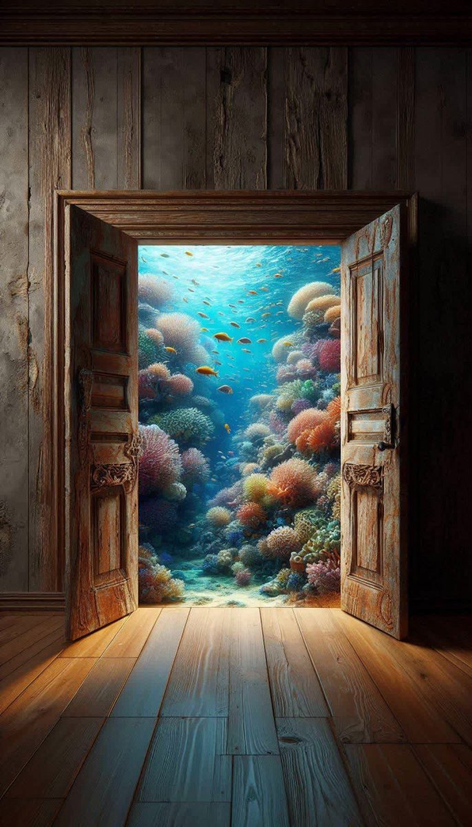 Дверь в коралловый рай: архитектура и подводный мир в стиле ар-нуво. Изображение из нейронной сети Dalle-3 Дверь в коралловый рай: архитектура и подводный мир в стиле ар-нуво. Изображение из нейронной сети Dalle-3