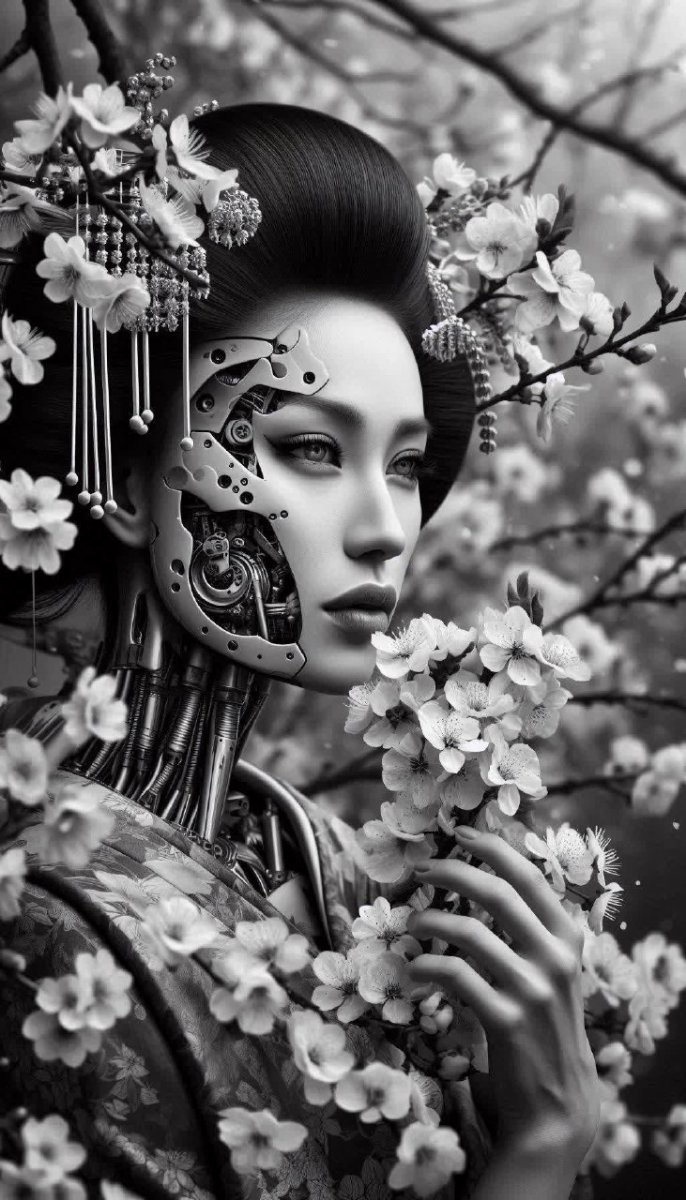 Нежная красота гейши в цветущей сакуре: гармония механики и природы. Картинка из нейросети Dalle Нежная красота гейши в цветущей сакуре: гармония механики и природы. Картинка из нейросети Dalle