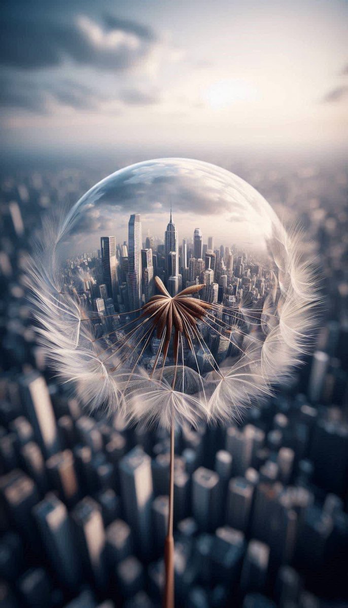 Отражение города в одуванчике: хрупкость природы и масштаб мегаполиса. Картинка из нейронной сети Dalle Отражение города в одуванчике: хрупкость природы и масштаб мегаполиса. Картинка из нейронной сети Dalle