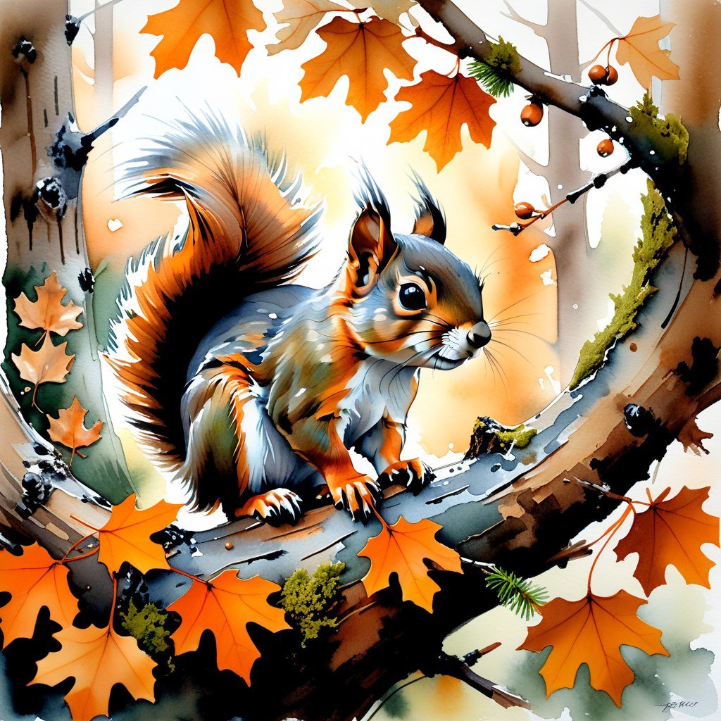 Осенний этюд: дуб, белка и рассвет сквозь хвойник. Нейросеть Stable Diffusion Осенний этюд: дуб, белка и рассвет сквозь хвойник. Нейросеть Stable Diffusion