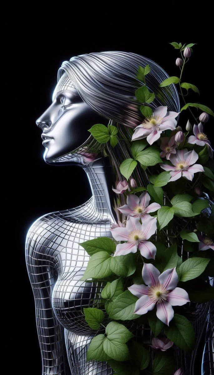 Хромированная женская фигура среди клематиса и зелени. Картинка из нейронной сети Далли 3 Хромированная женская фигура среди клематиса и зелени. Картинка из нейронной сети Далли 3