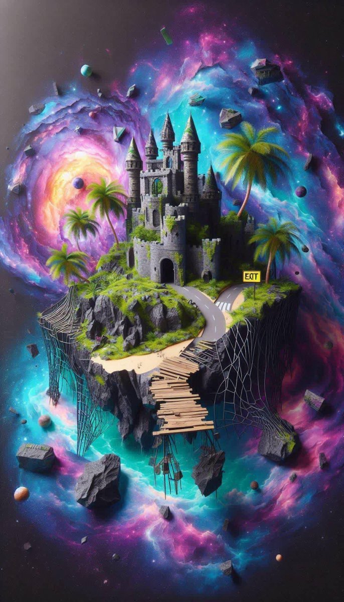 Космическая гавань: руины замка и пальмы в галактической дымке. Изображение из нейросети Dalle 3 Космическая гавань: руины замка и пальмы в галактической дымке. Изображение из нейросети Dalle 3