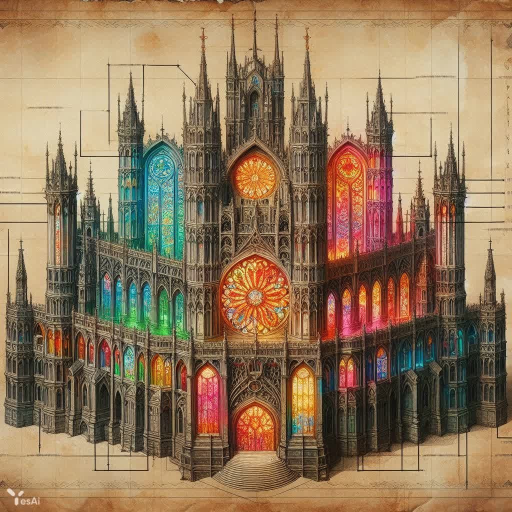 Загадочная готика: архитектурные тайны в витражных пикселях и деталях старинного замка. Изображение из нейронной сети Dalle Загадочная готика: архитектурные тайны в витражных пикселях и деталях старинного замка. Изображение из нейронной сети Dalle