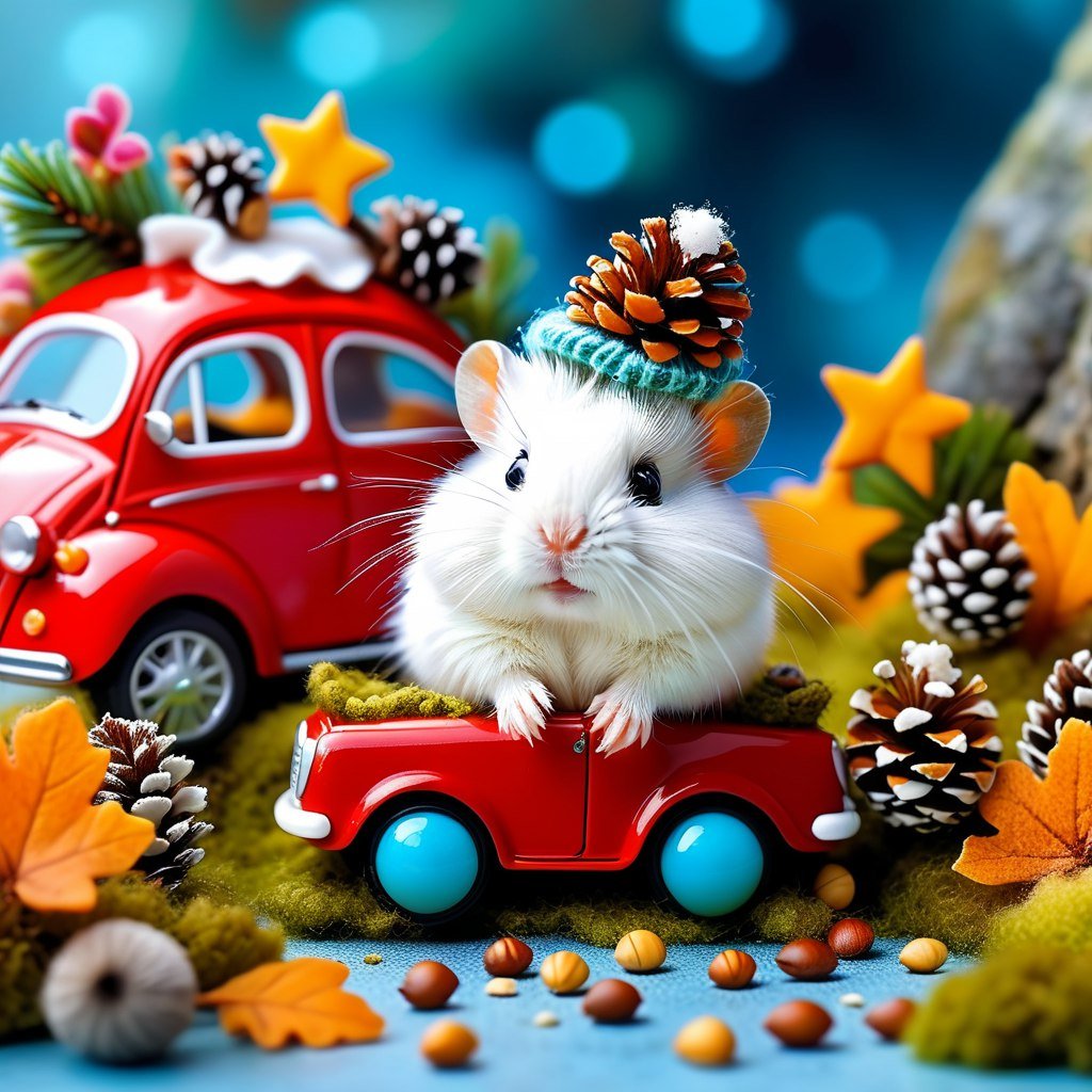 Милый хомячок в красной машине: сказочная ночная микровселенная. Изображение из нейронной сети Stable Diffusion Милый хомячок в красной машине: сказочная ночная микровселенная. Изображение из нейронной сети Stable Diffusion