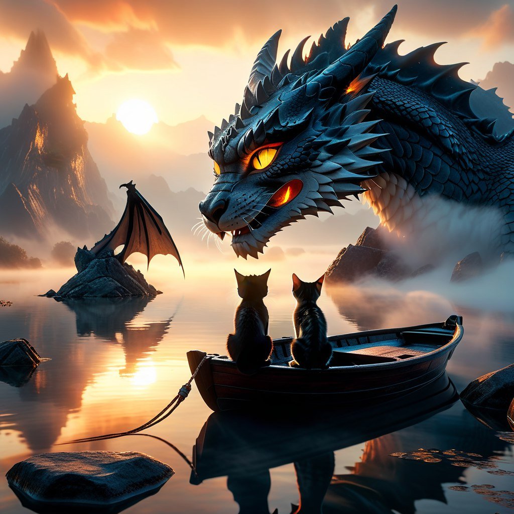 Туманное озеро на рассвете и встреча с драконом: сказочная реальность. Картинка из нейросети Stable Diffusion Туманное озеро на рассвете и встреча с драконом: сказочная реальность. Картинка из нейросети Stable Diffusion