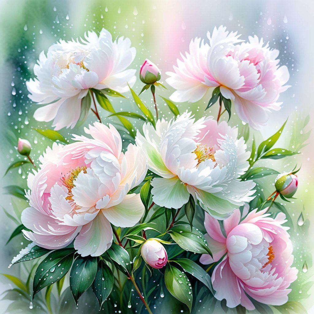 Нежная акварель: розовые пионы и кристальная дымка утренней свежести. Изображение из нейросети Stable Diffusion Нежная акварель: розовые пионы и кристальная дымка утренней свежести. Изображение из нейросети Stable Diffusion