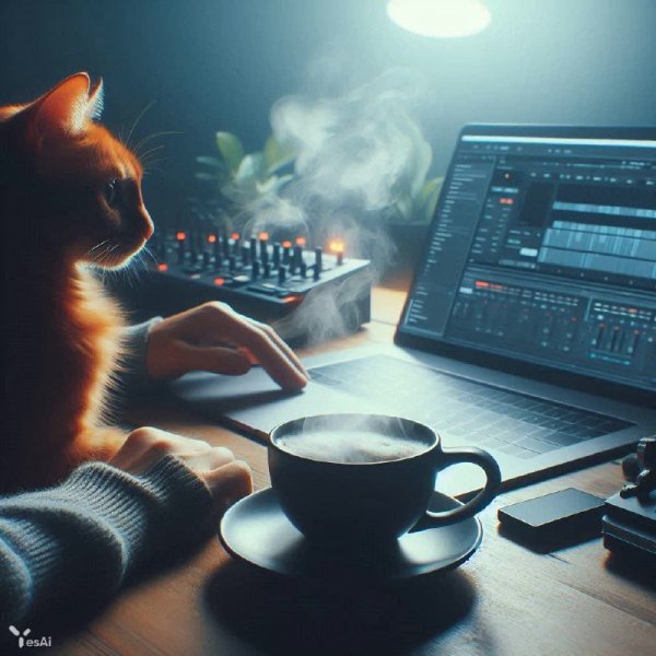 Уютный рабочий уголок с котом и кофе. Генерация из нейронной сети Dalle