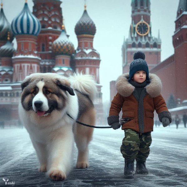 Замерзшие герои: мальчик и алабай среди кремлевских соборов. Картинка из нейронной сети Dalle 3