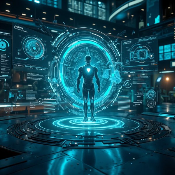 Технологичная лаборатория Тони Старка: голографический интерфейс и неоновое сияние. Генерация из нейронной сети Flux.1