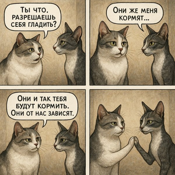 Кошачий диалог о внимании и зависимости. Изображение из нейросети Sora images Ai