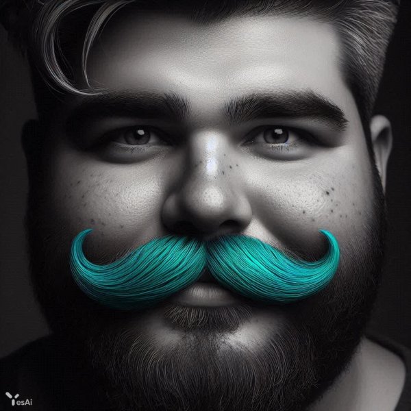 Портрет с яркими бирюзовыми усами: чёрно-белая фотография с высоким разрешением. Нейросеть Dalle