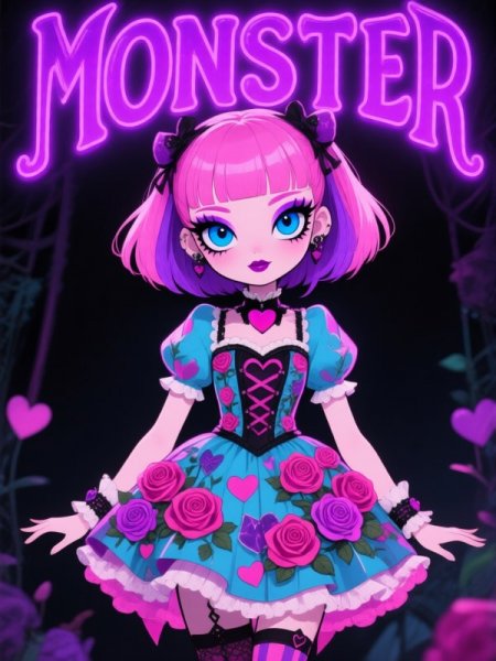 Яркая готика: роза и сердце в стиле MONSTER HIGH. Генерация из нейросети QWEN