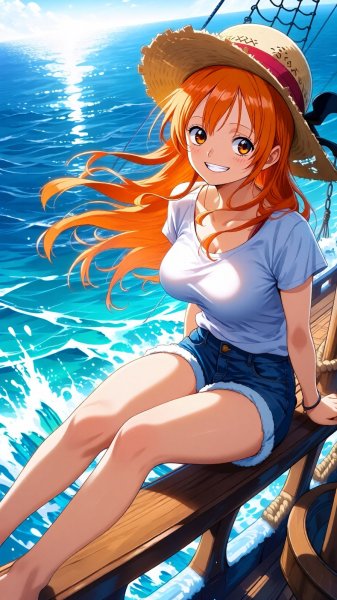 Нами из One Piece: приключения на Тысяче Солнечном и взгляд в горизонт. Изображение из нейронной сети Qwen