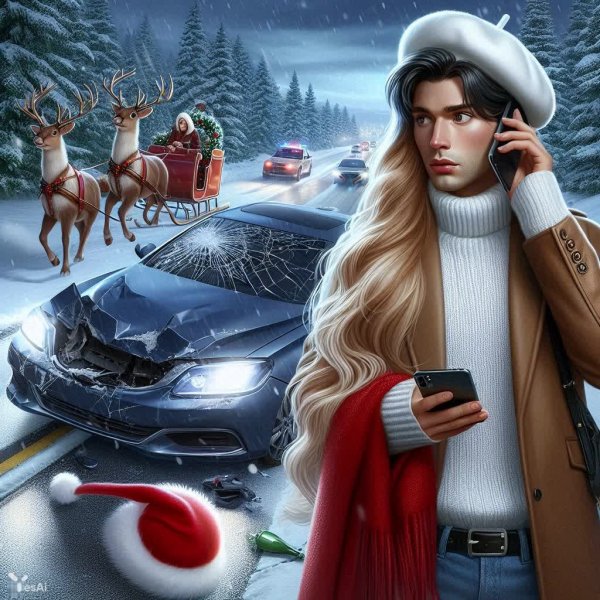 Новогодняя авария и испуганная девушка в белом берете. Генерация из нейронной сети Dalle-3
