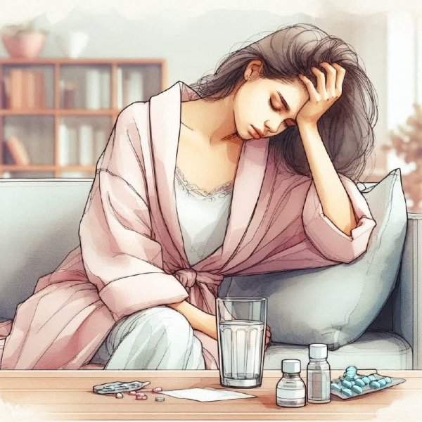 Женщина с головной болью: уютный вечер и лекарства от мигрени. Изображение из нейронной сети Dalle 3