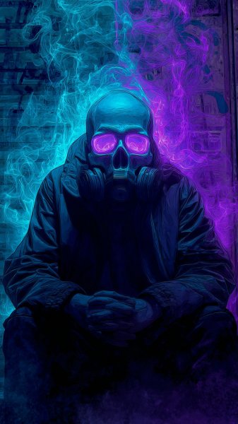Неоновый череп в темном переулке: жуткая ночь и городские тени. Изображение из нейросети Midjourney