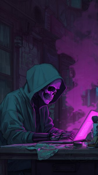 Зловещий хакер в темном переулке с ноутбуком и маской черепа. Генерация из нейросети Midjourney