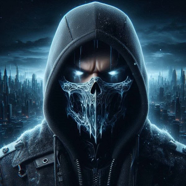 Мрачный воин из Mortal Kombat X в киберпанковском городе. Нейросеть Dalle