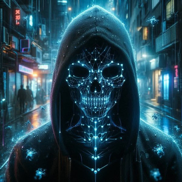 Тёмный переулок: бионический скелет и неоновые тени будущего. Изображение из нейронной сети Dalle 3