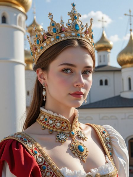 Красавица в традиционном наряде: воплощение монаршей власти и культурного наследия Восточной Европы. Картинка из нейронной сети Flux.1