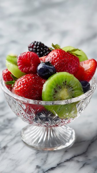 Изысканный фруктовый салат в хрустальной вазе — свежесть и красота вкуса. Нейронная сеть Midjourney