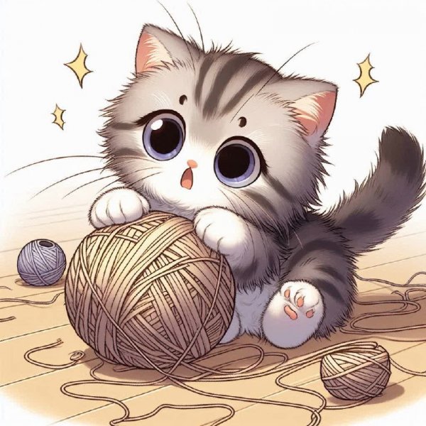 Забавные игры котенка с клубком ниток. Генерация из нейросети Dalle