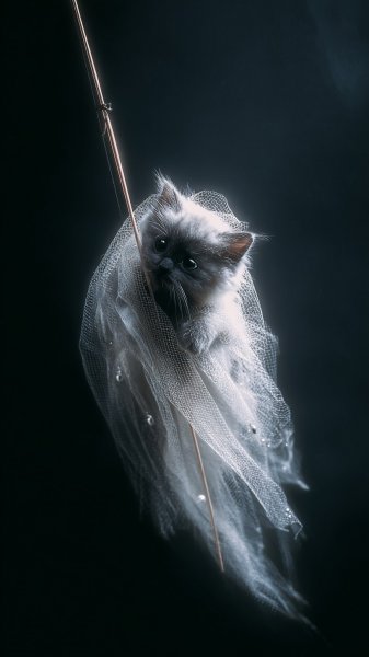 Призрачный котёнок и рыболовная удочка: очаровательная фотография в интерьере гостиной. Картинка из нейросети Midjourney