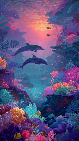 Завораживающий подводный мир: коралловые рифы и игривый дельфин в цифровом искусстве. Картинка из нейронной сети Midjourney