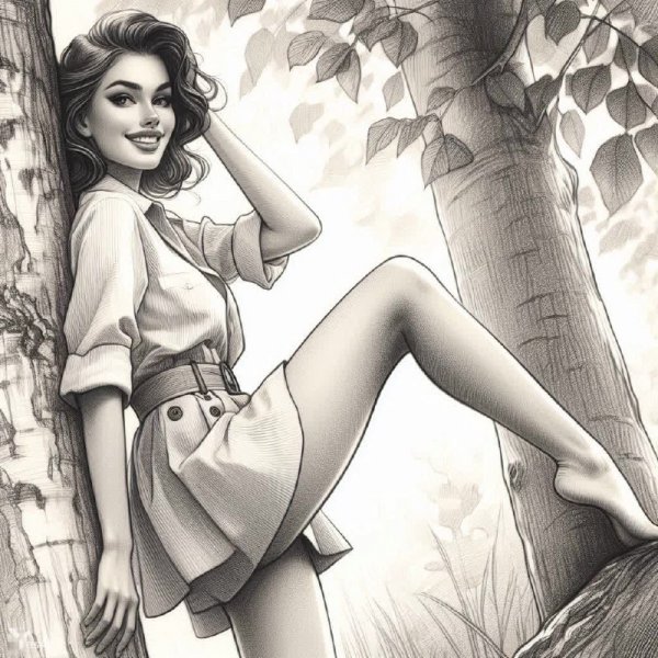 Молодая женщина у дерева: мечтательное очарование природы. Нейросеть Далли 3