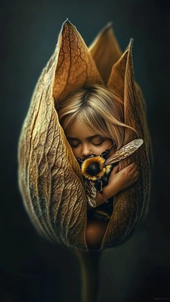 Спящая девочка и гигантский шмель в цветке – нежная симфония природы и искусства. Нейронная сеть Миджорни