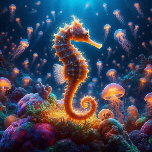 Танец морского конька: импрессионистский коралловый риф и светящиеся водоросли. Картинка из нейронной сети Далли 3