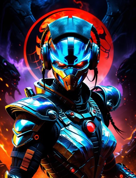 Кибернетический воин: Мрачная ночь и стиль Фрэнка Фразетты в Mortal Kombat. Картинка из нейросети Stable Diffusion