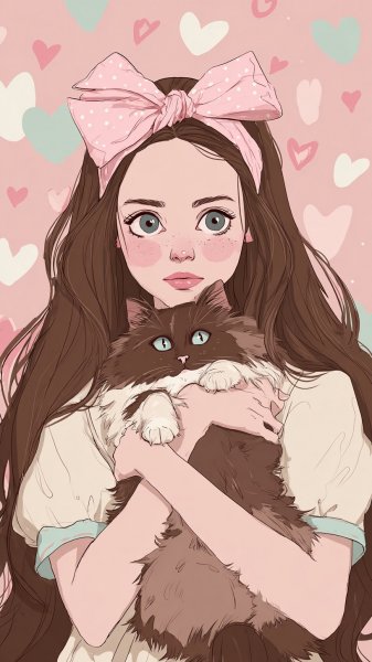 Милая девушка с котиком: нежная иллюстрация в стиле сказки. Изображение из нейросети Миджорни