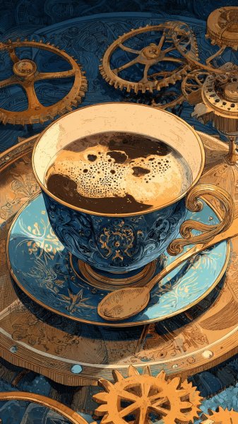 Стимпанк кофе: детализированный шедевр в духе Victo Ngai. Картинка из нейронной сети Midjourney